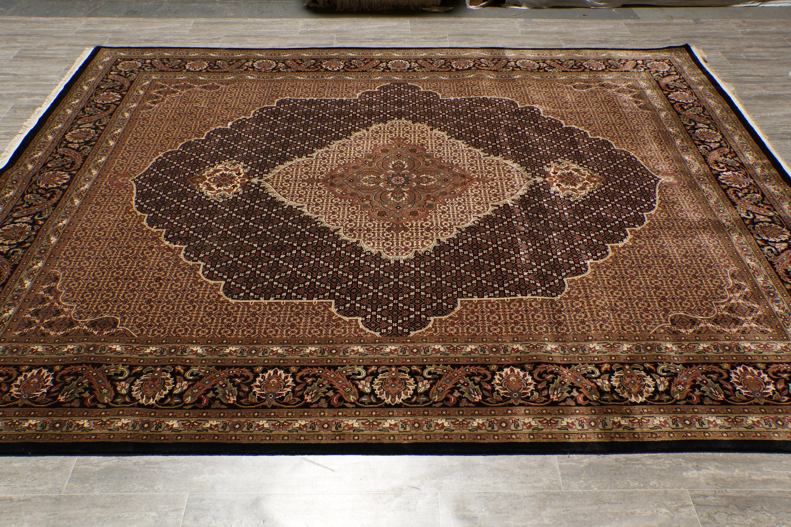 8.2 x 10.2 Earthy Black High Quality Wool and Silk Tabriiz Mahii Carpet #F-4478