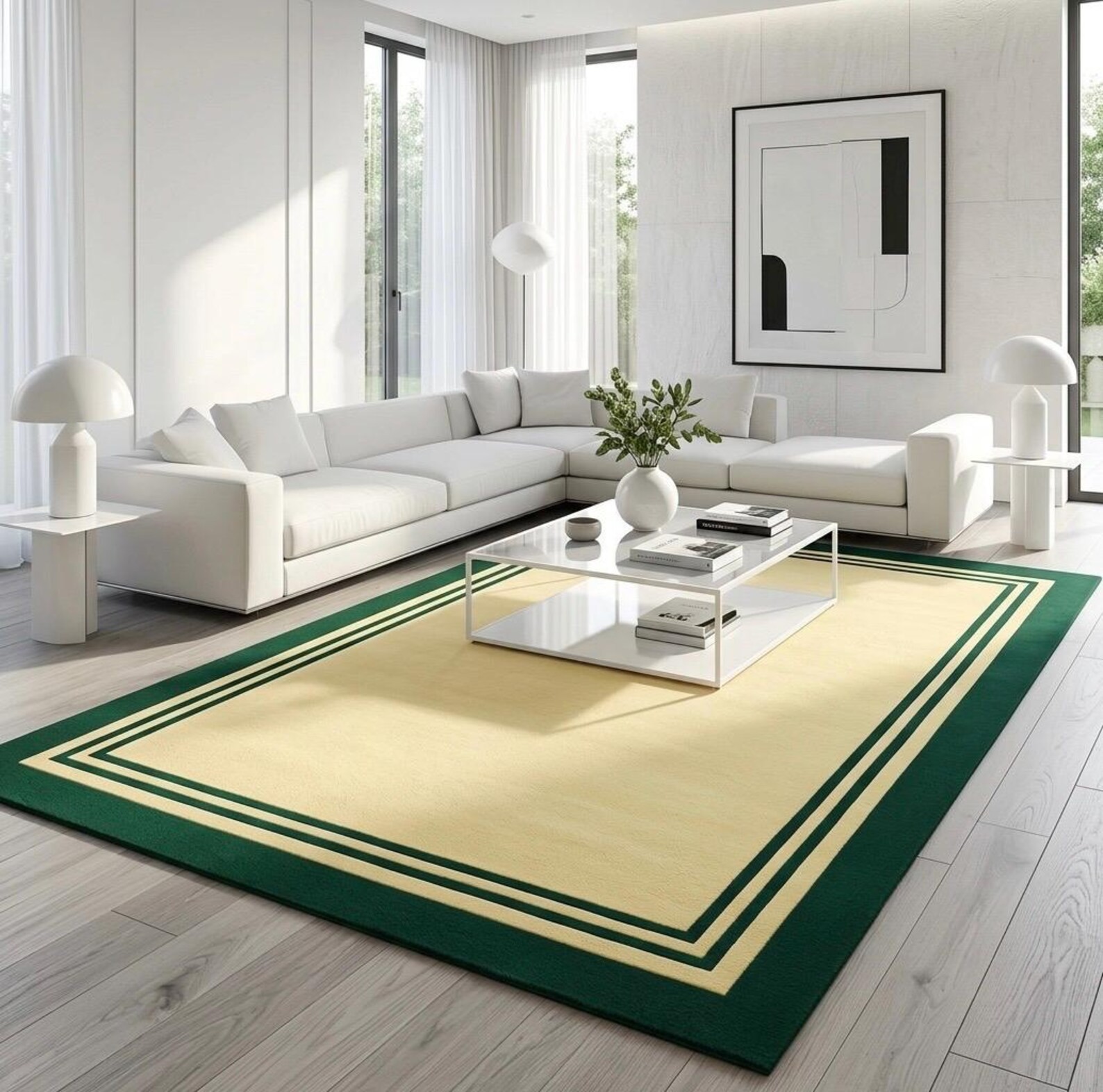Hand Tufted Wool Rug Forest Green, Pale Yellow Bordered Carpet Modern Minimalist