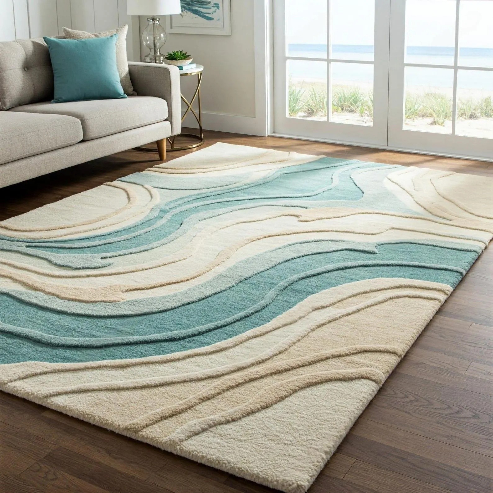 Coastal Modern Abstract Teal & Cream – Soft Tufted Ocean Wave Design Carpet Rug