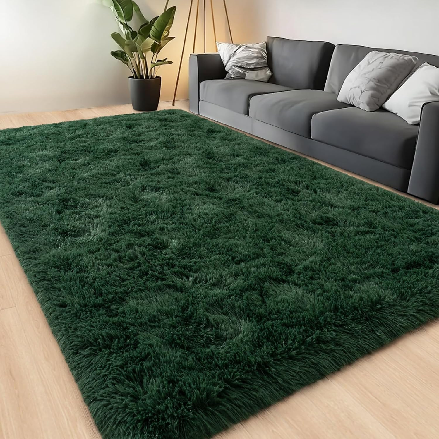 Large Area Rugs for Living Room Bedroom, 4X6 Feet Dark Green Fluffy Shag Rugs, U