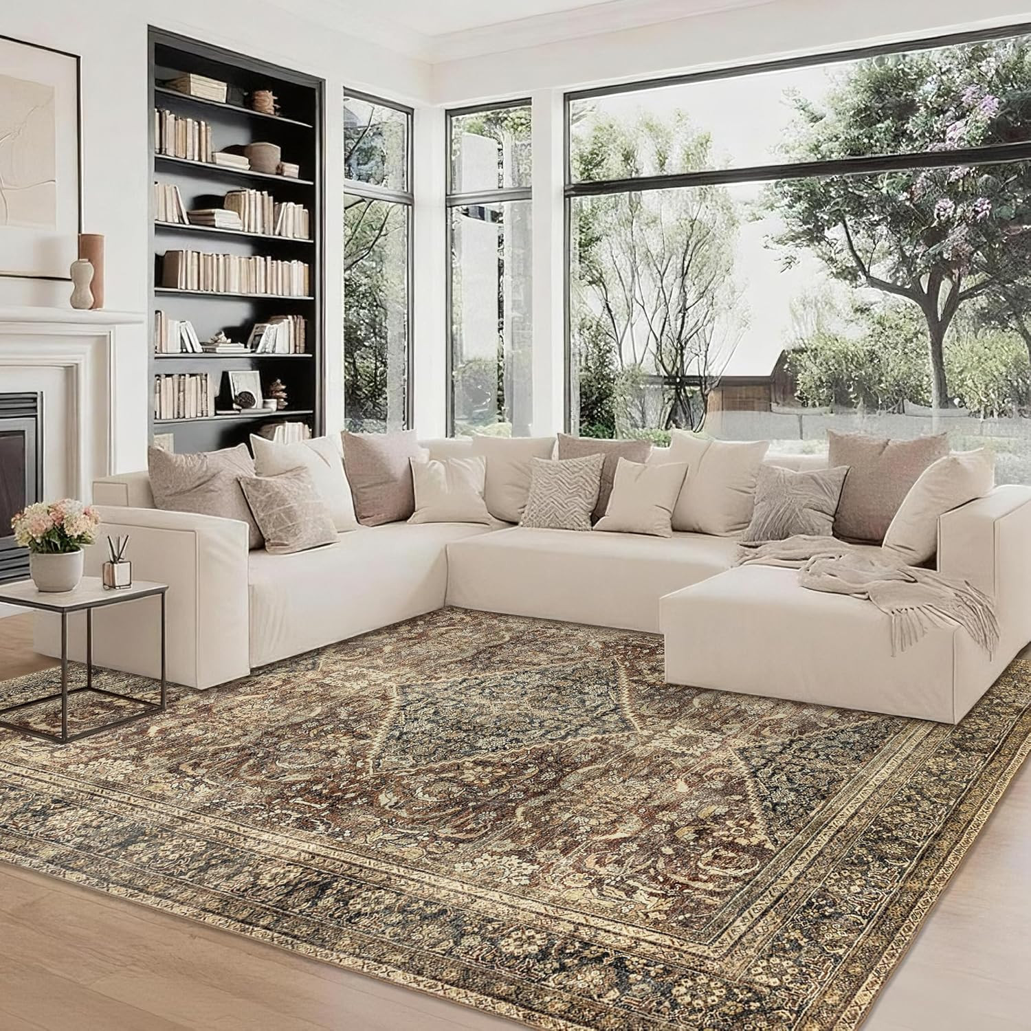 Vintage Brown Washable Area Rug 10X14 – Soft Non-Slip Carpet for Home Decor