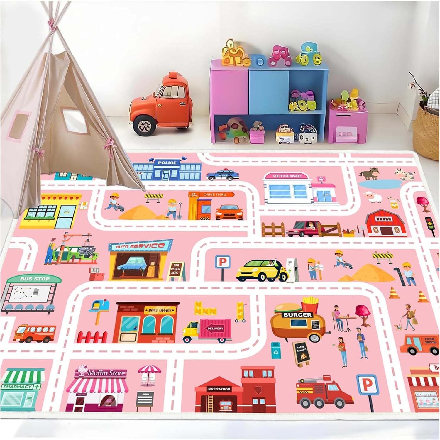 Car Play Mat Kid Playroom Rug Non Slip Road Rugs for Kids Toy Cars ，31x47in w…