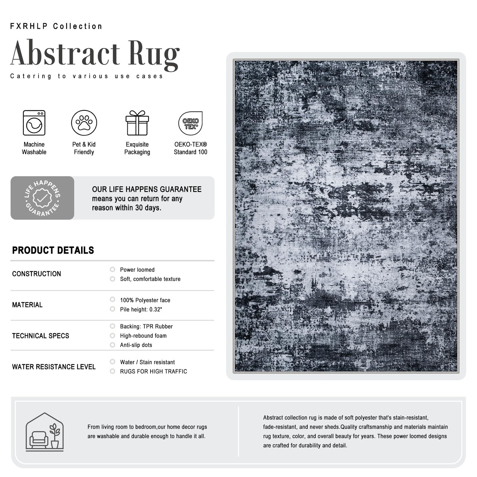 5×7 Area Rug Living Room Rug: Washable Modern 5′ x 7′ (Rectangular), Black
