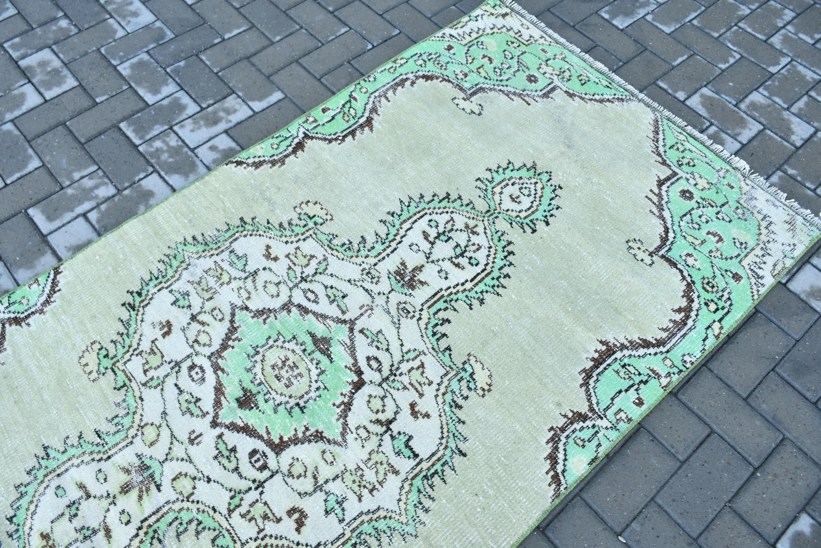 Vintage Rug, 3,6×7,7 ft Area Rug, Green Camouflage Wool Turkish Rug