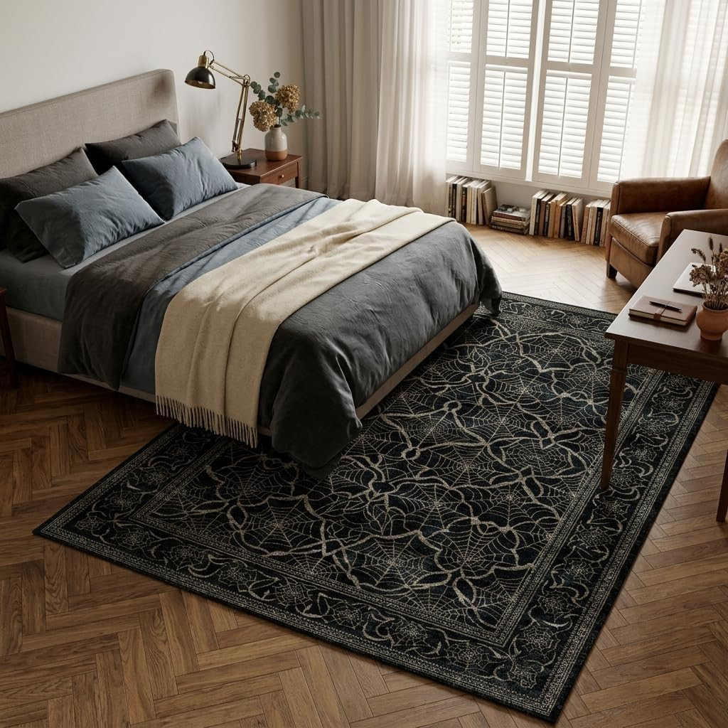 Gothic Black Spider Web 5×7 Area Rug – Machine Washable, Non-Slip, Lightweight