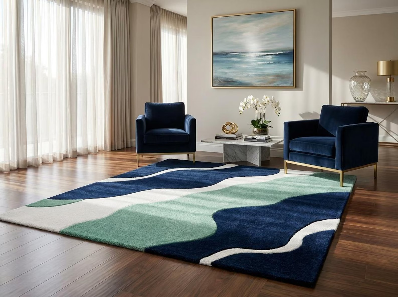 Modern Abstract Wave Rug Blue Mint Green Hand Tufted Wool Living Room Area Carpe