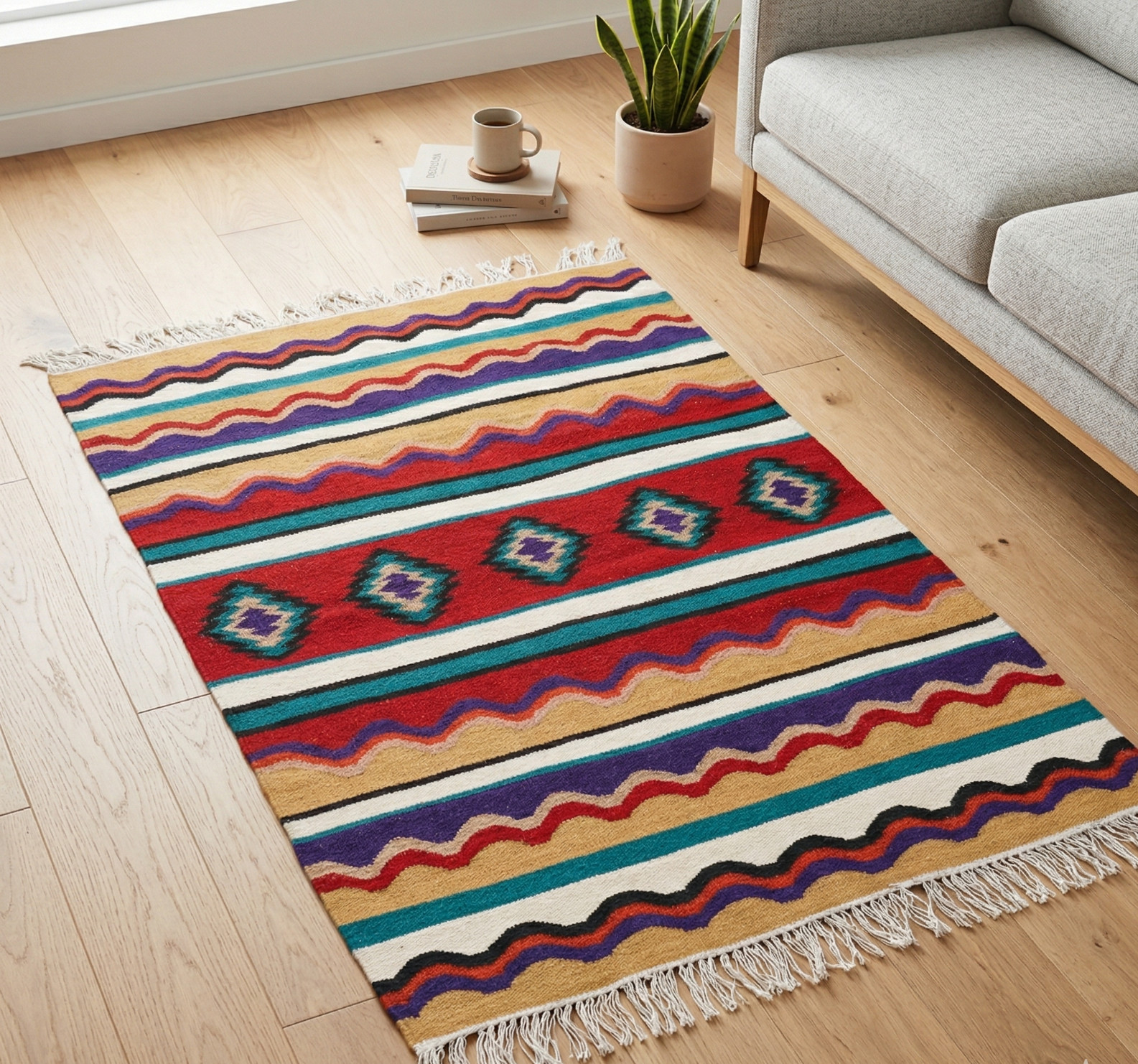 Handwoven Serape Kilim Rug 3×5 Multicolor Striped Southwestern Wool Flatweave