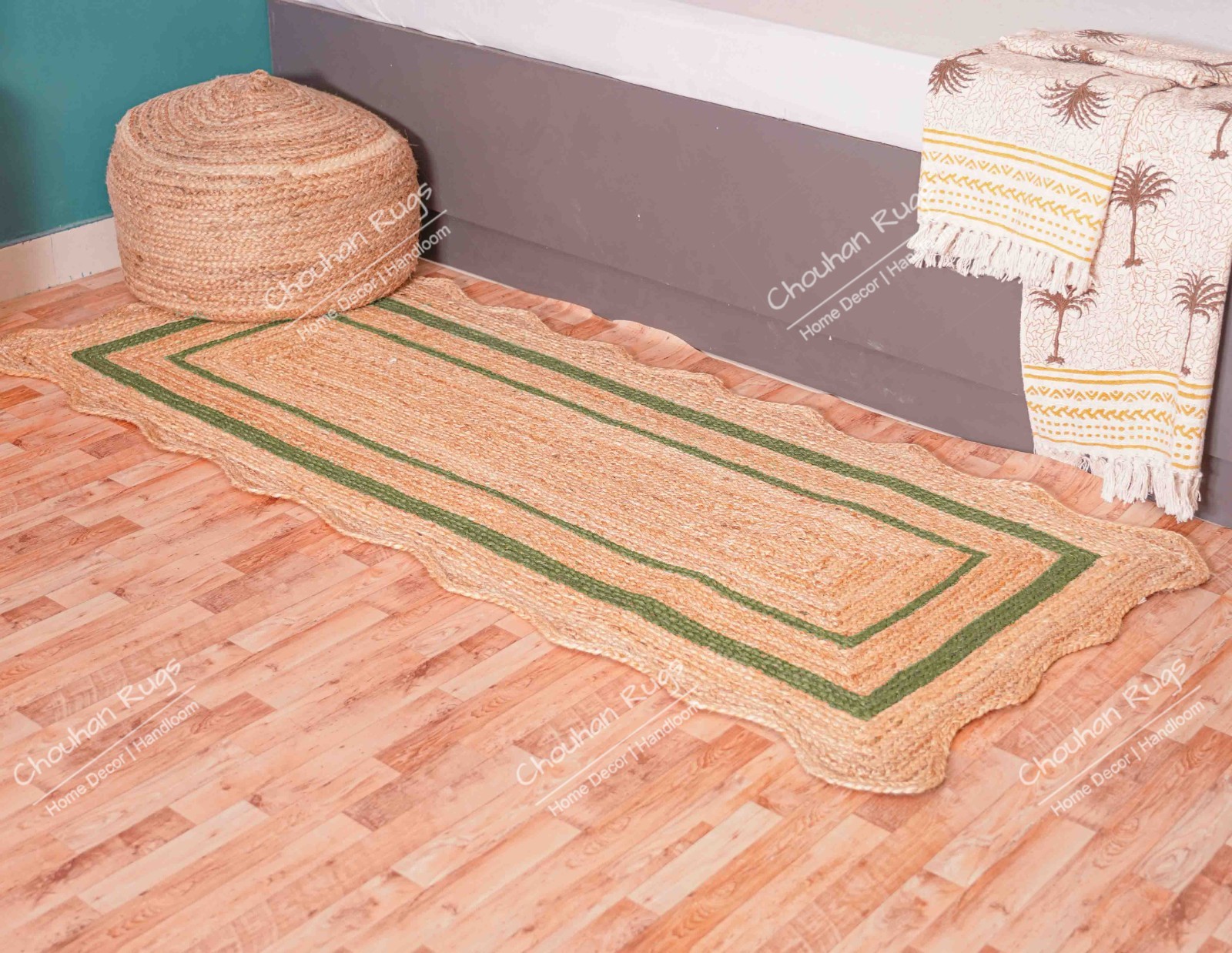 Vintage style Natural Jute Rug with Green Border Boho Large Area Rugs For Home