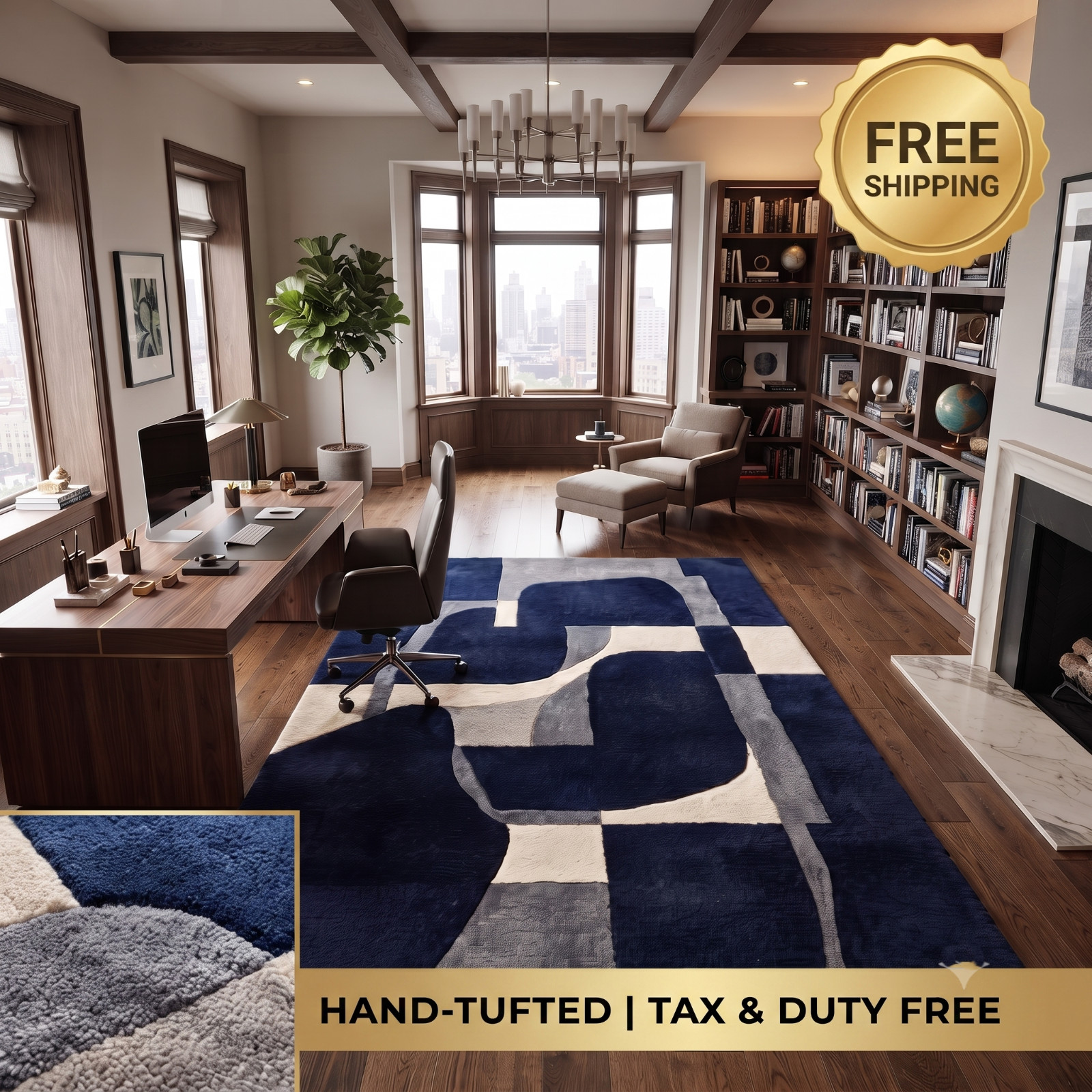 Hand Tufted Wool Rug Color Block Stripe Blue Cream Living Room Custom 8×10