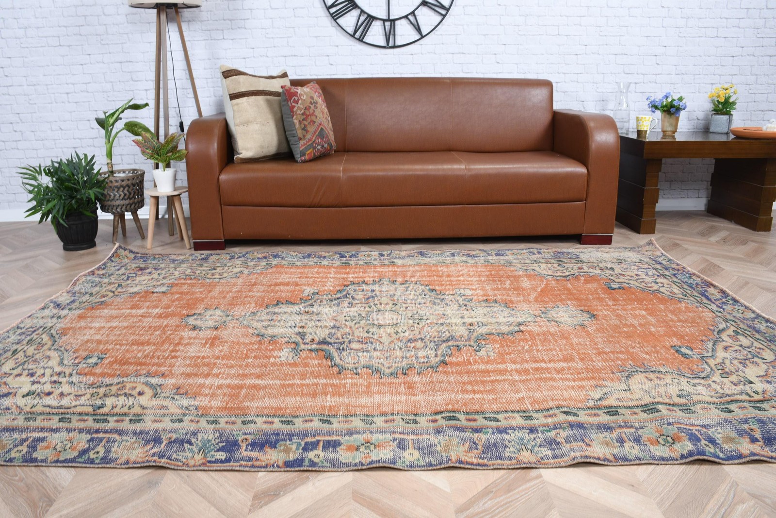 Vintage Turkish Rug, 5,2×8,2 ft Large Rug, Orange Blue Oriental Rug