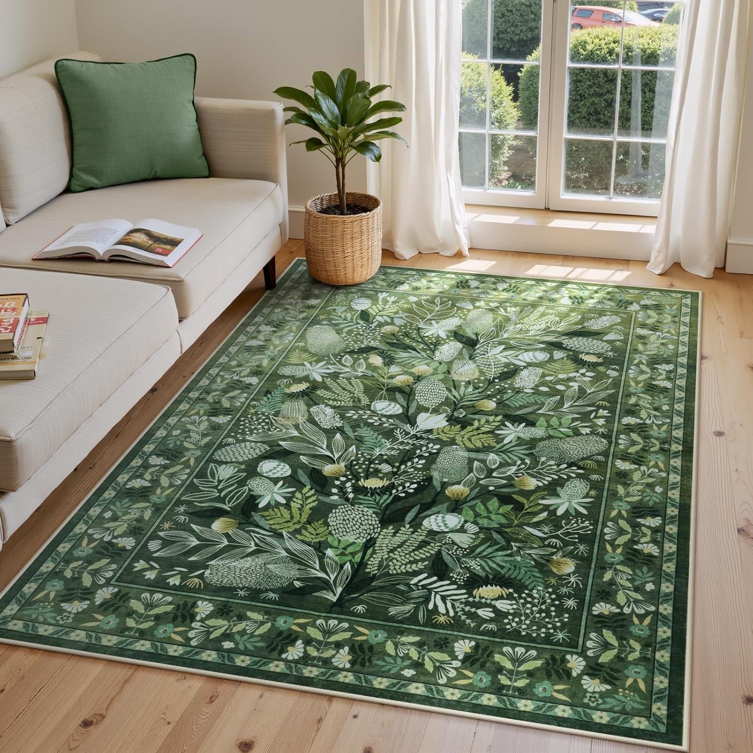 Green Botanical Floral Washable 5×7 Area Rugs, Abstract Large Rugs for Living