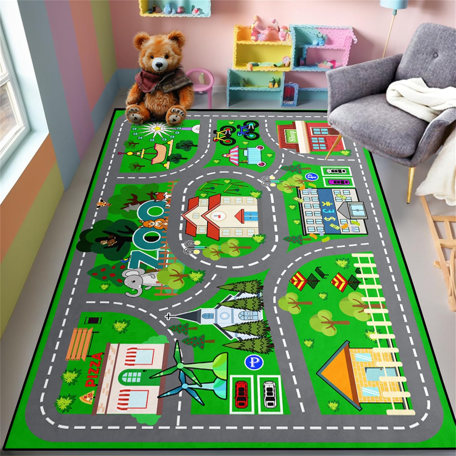Car Rug Play Mat – Green Road Rug for Kids Boys Room, Fun Race Track Traffic …
