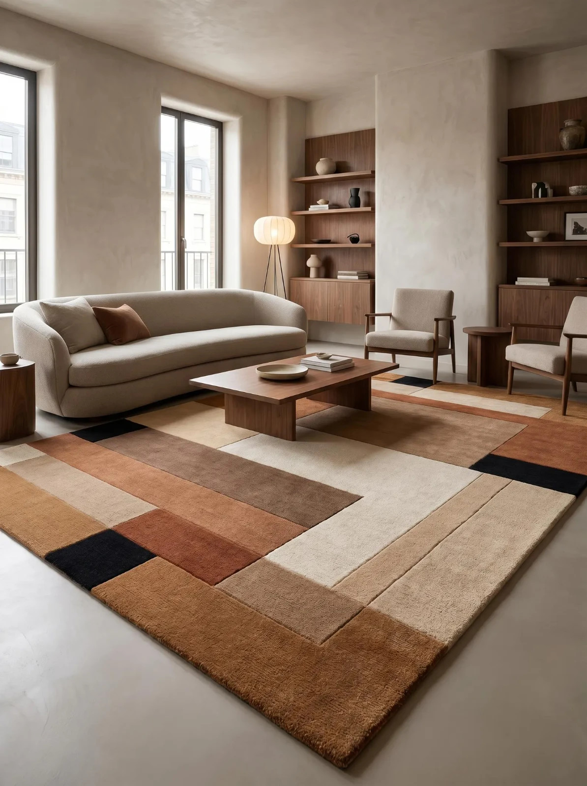 Hand Tufted Geometric Wool Rug, Neutral Beige Brown Area Rug, Modern Abstract