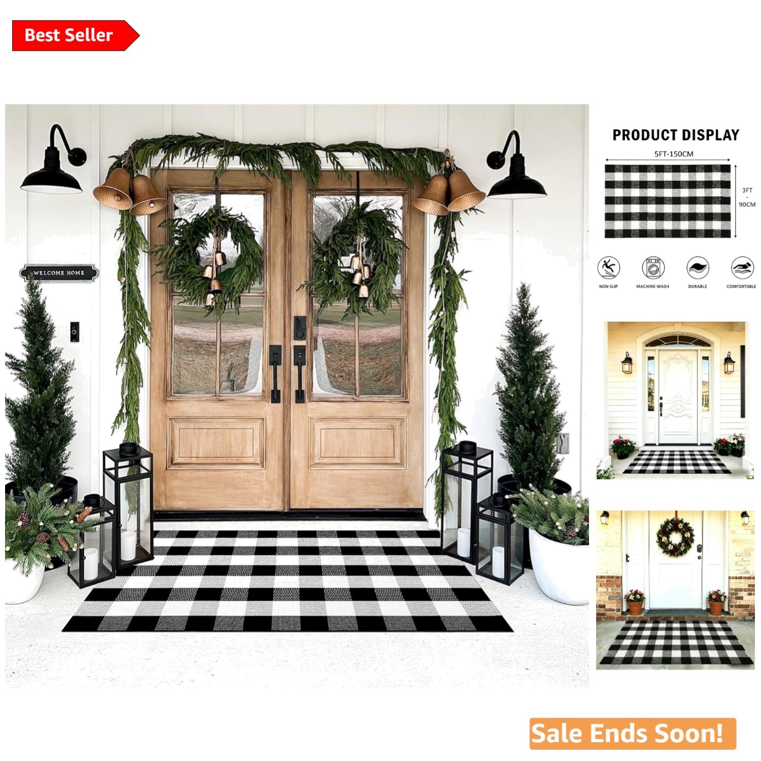 Outdoor Buffalo Plaid Rug 3×5 Black and White Layering Doormat for Porch and …
