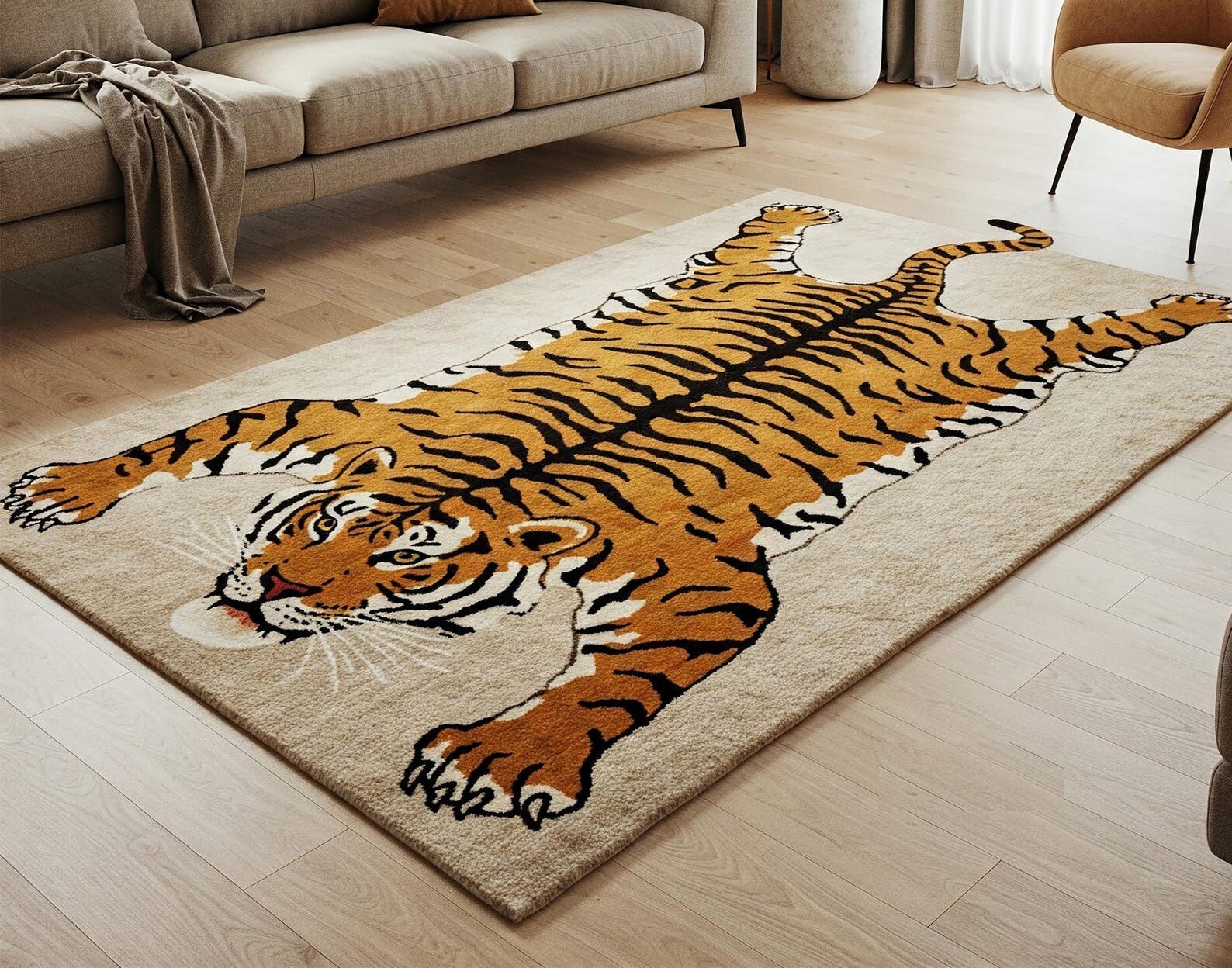 Hand Tufted Print Area Carpet for Living Room or Bedroom Tiger Rug Bold Animal