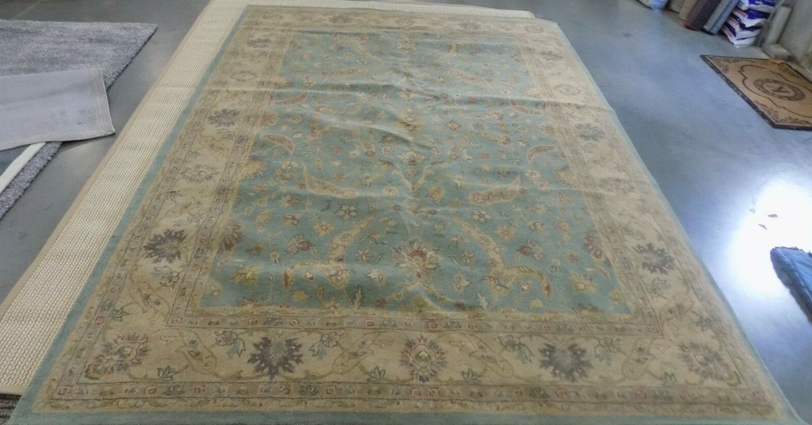 TEAL / BEIGE 9′-6″ X 13′-6″ Back Stain Rug Reduced Price 1172595884 AT311B-10