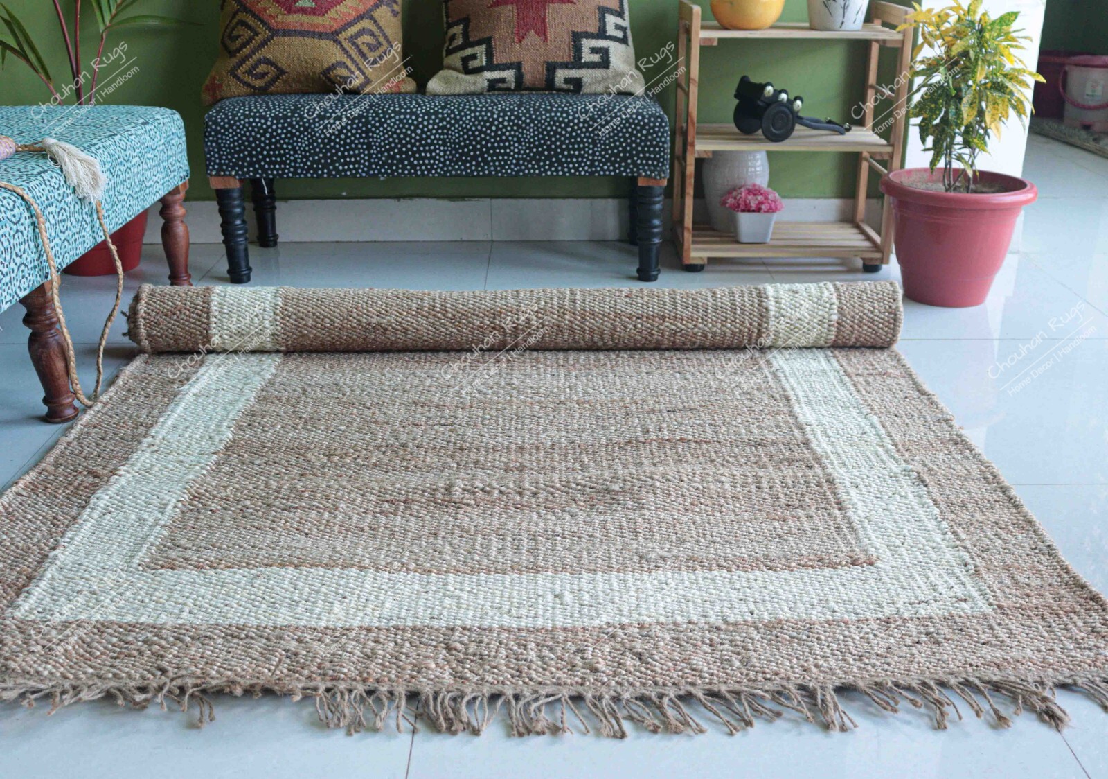Indian Handmade Hemp Rug With Beige and Off White Color Kitchen Décor Hemp Rugs