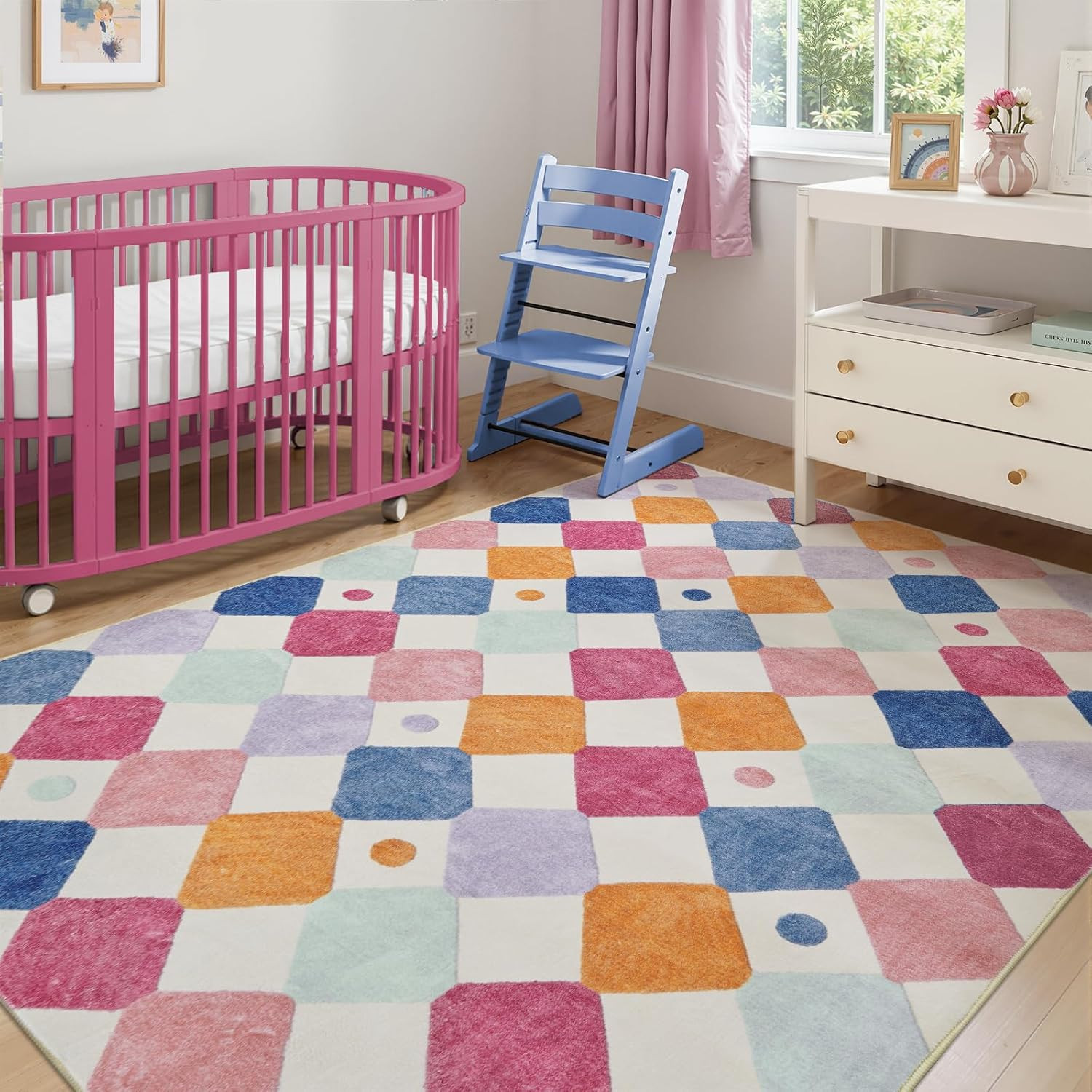 Washable 5×7 Kids Area Rug – Colorful Diamond Design for Playroom & Nursery