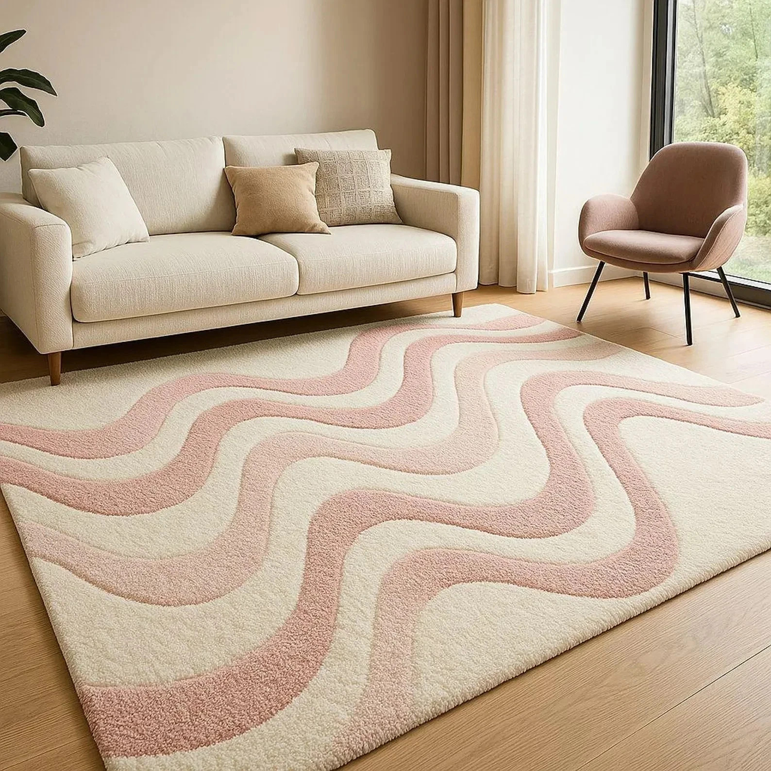 Hand-Tufted Cream and Pink Wavy Pattern Stylish Living Room Area Rug Carpet