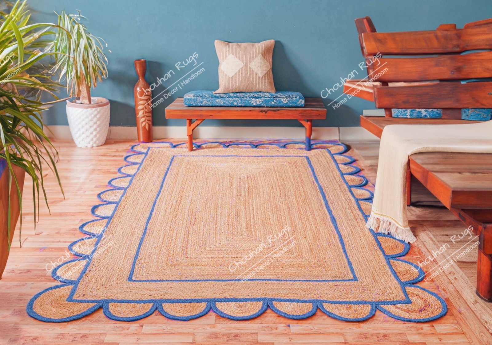 Natural scallop Jute Runner Rug 2×8 Ft Light Blue Border Boho Living area Rugs