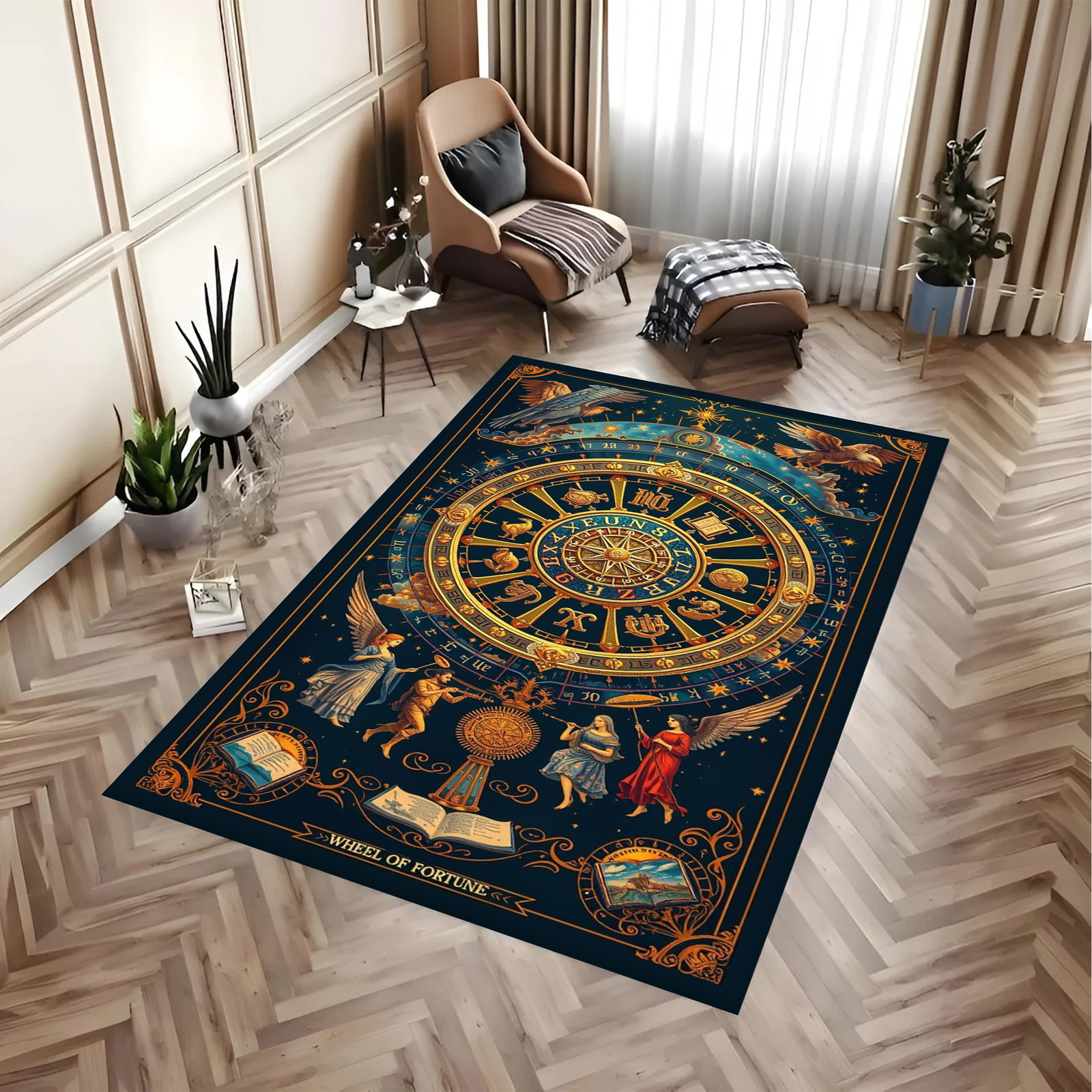 Rectangular Rug with Zodiac Wheel and Mythical Figures in Gold and Blue