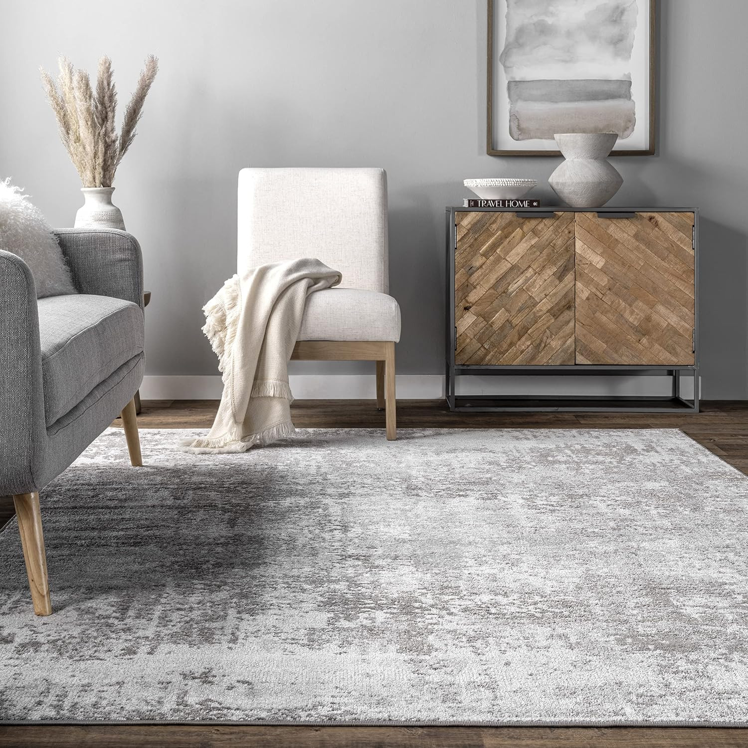 Light Grey Jade Faded Abstract Area Rug 8’10” x 12″ for Modern Spaces
