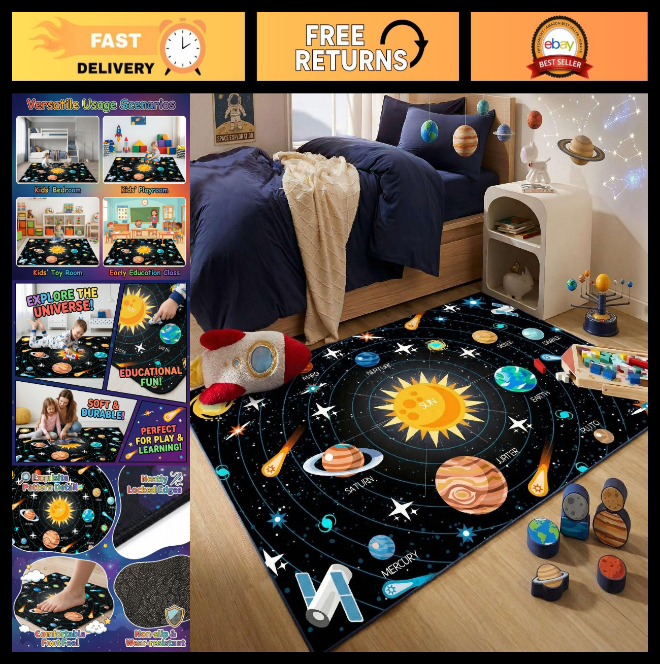 Small Outer Space Rug – Solar System Planet Theme Carpet for Kids Playroom, 2’×3