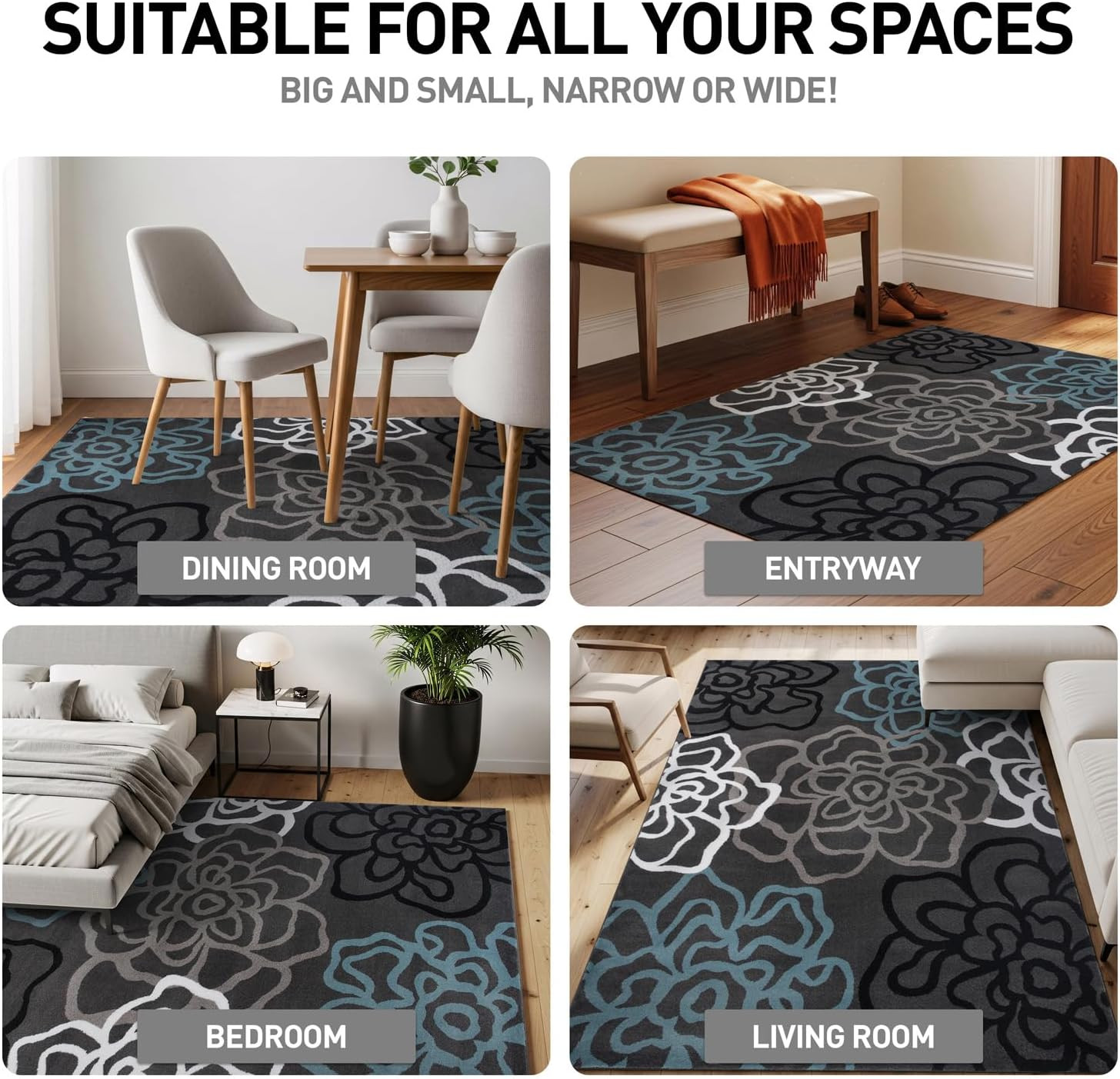 Flowers Contemporary Modern Abstract Floral Area Rug Gray 2′ X 3′ | Soft, Rectan