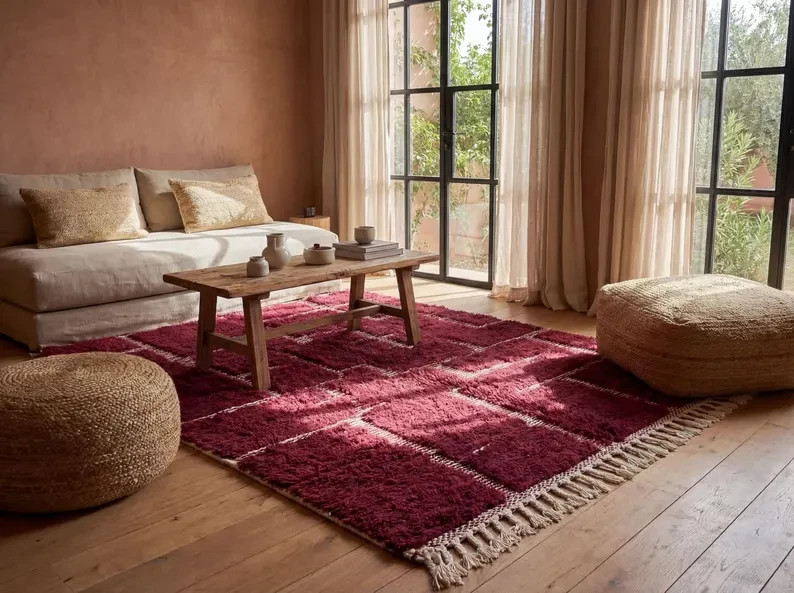 Handmade Burgundy Moroccan Rug – Plush Wool Berber Area Rug, Minimalist Boho rug