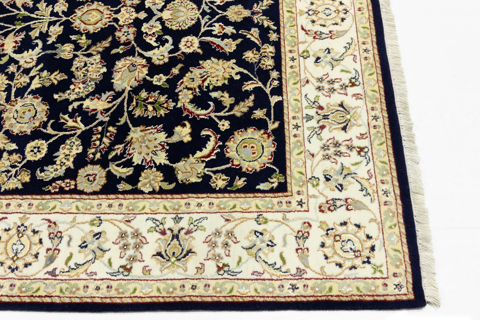 Dark Navy Floral Design Hand-Knotted 6×9 Indo-Nain Oriental Rug Bedroom Carpet