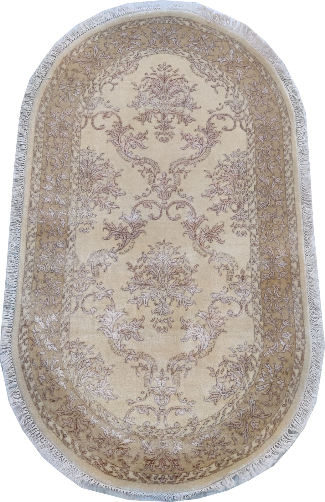 Damask Cream Gold 3 x 5 Hand Knotted Wool Rug for Bedroom 90×160 cm Oval Carpet