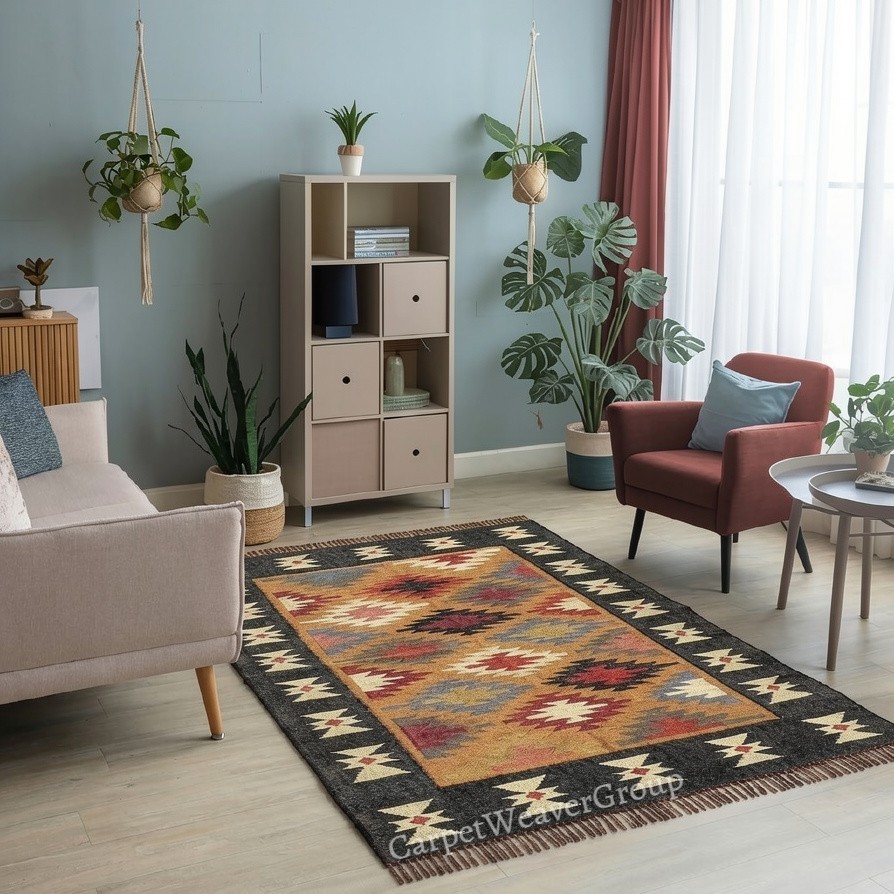 Handwoven Bohemian Wool Jute Kilim Rug – Available in Various Sizes