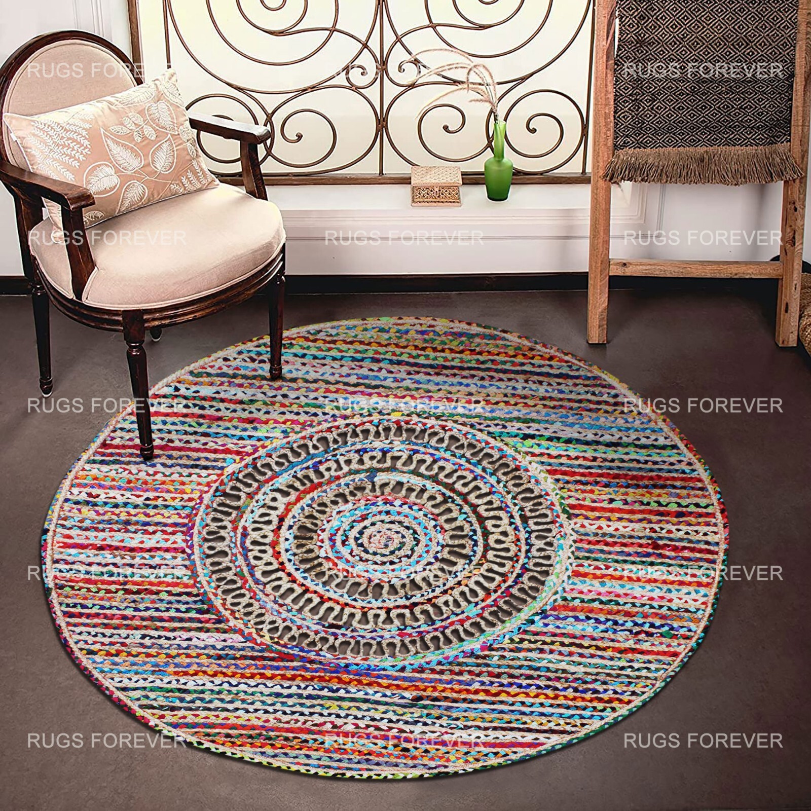 4×4 5×5 Ft Hand Braided Cotton Jute Area Rug India Living Room Beige Round Kilim