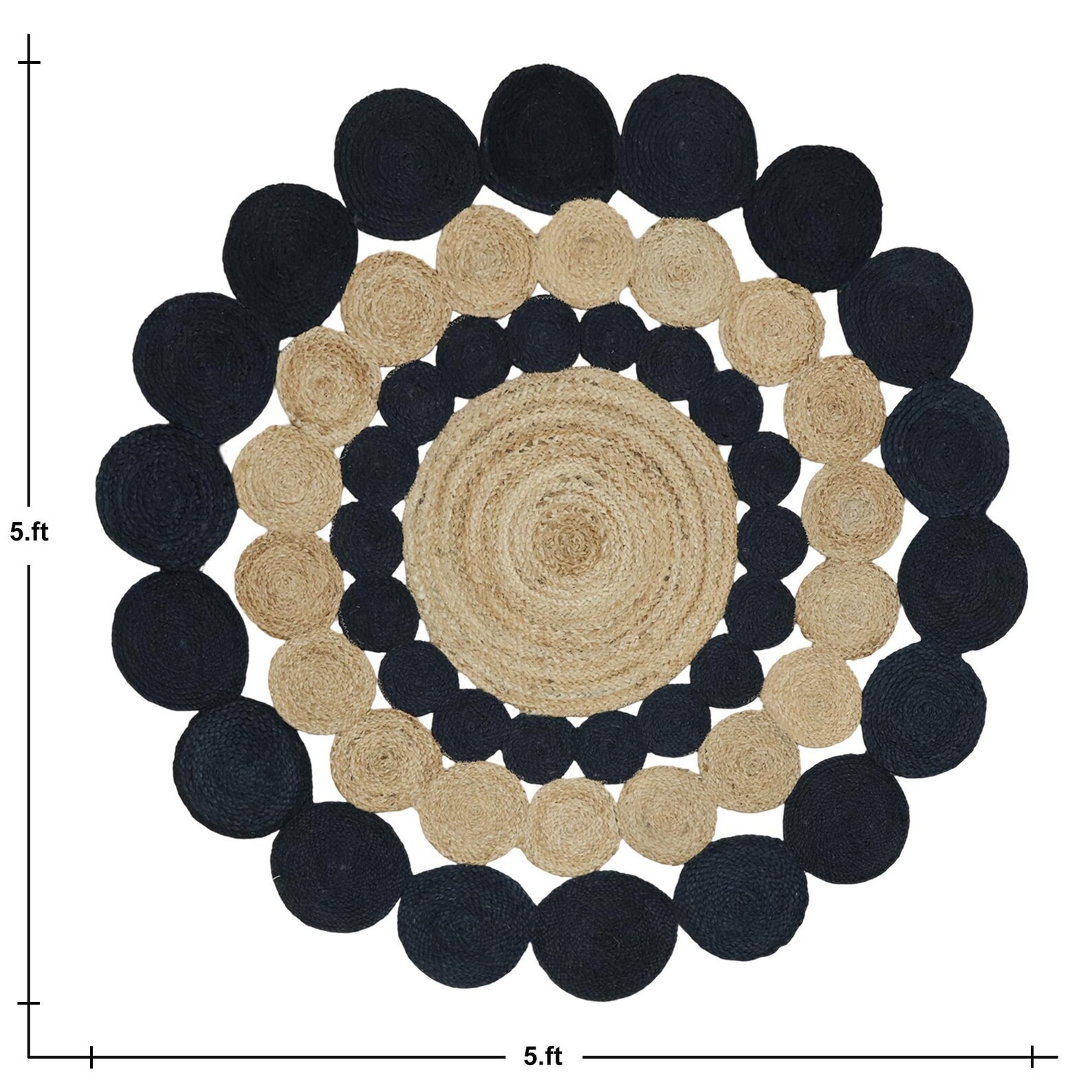 Scallop Round Cotton Jute Rug Beige Black 3×3 4×4 5×5 ft, Hand Braided Boho Area