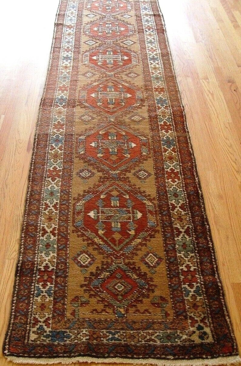 ANTIQUE KURDISH 3′ x 13’6″ CAMEL HAIR WOOL RUNNER HAND KNOTTED ORIENTAL RUG
