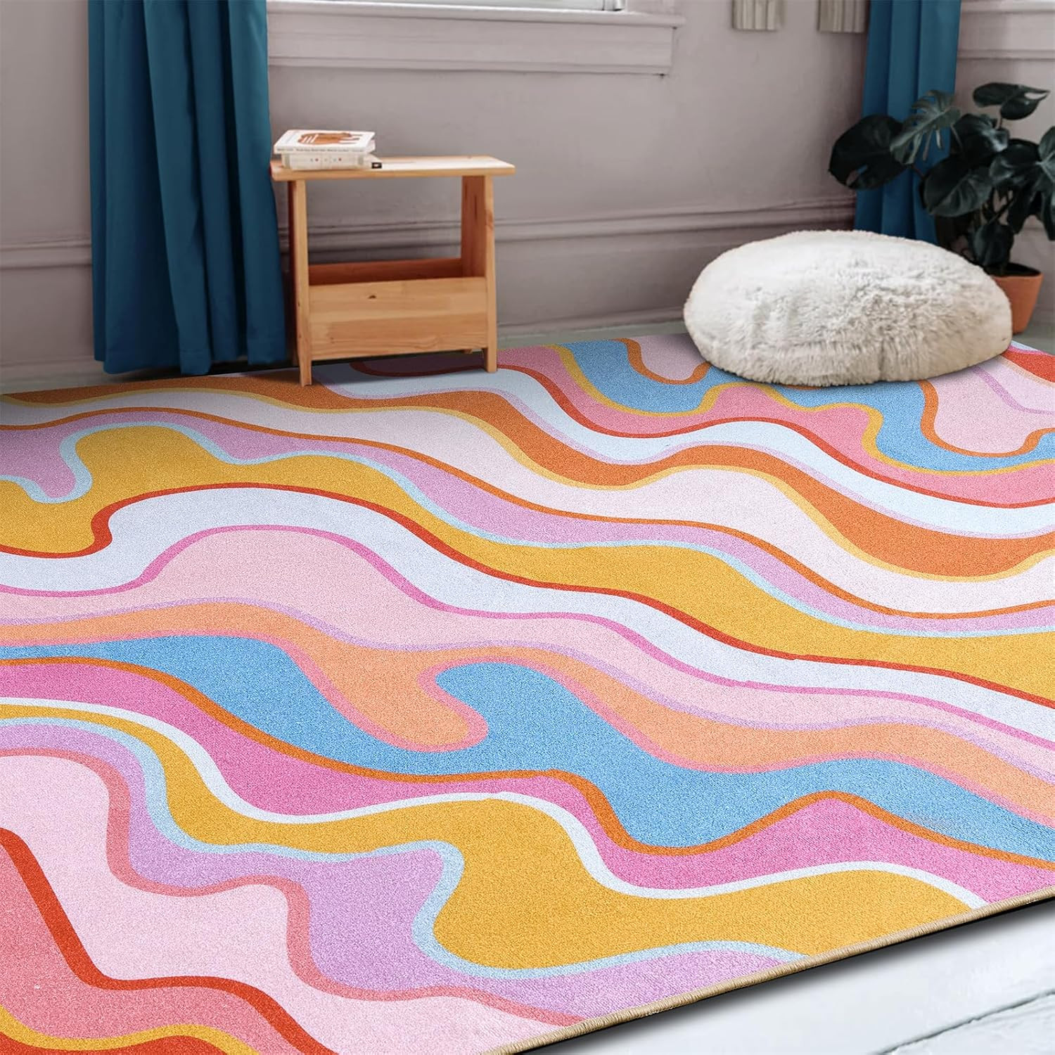 Colorful Abstract 5×7 Flatweave Rug – Washable Funky Striped Carpet for Any Room
