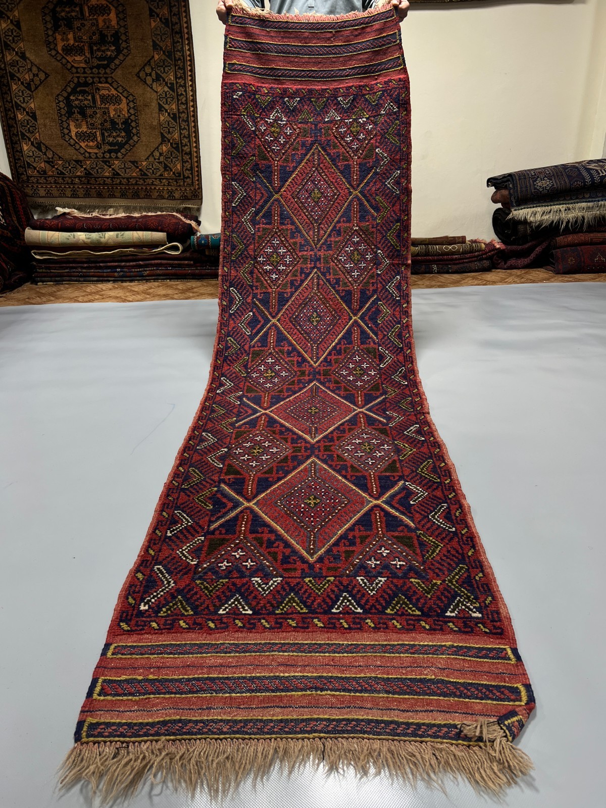 2×8 Mishwani Afghan Runner Rug Handwoven Wool Tribal Geometric Carpet Red Nomad