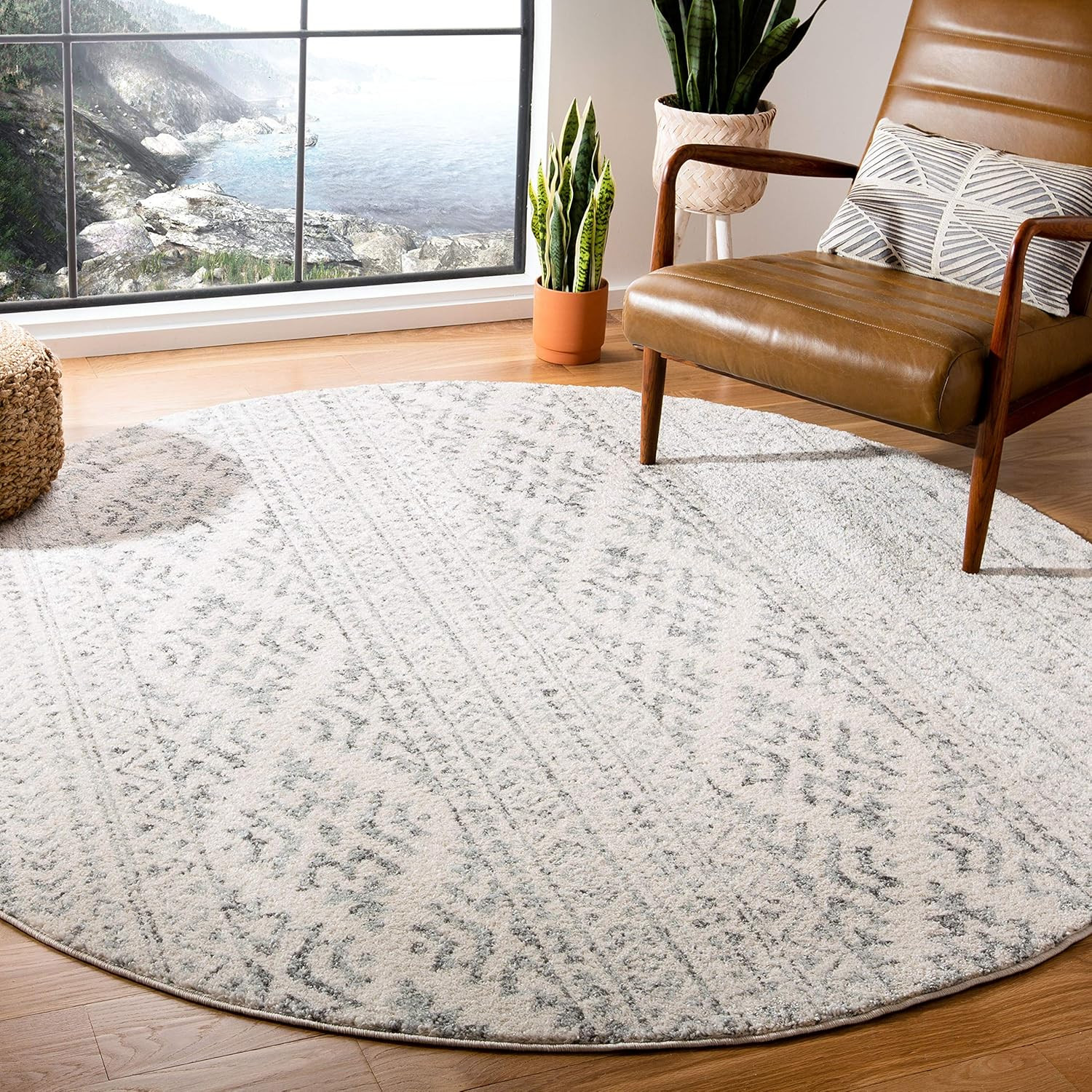 Tulum 10′ Round Area Rug – Ivory & Grey Moroccan Boho Design, Easy Clean