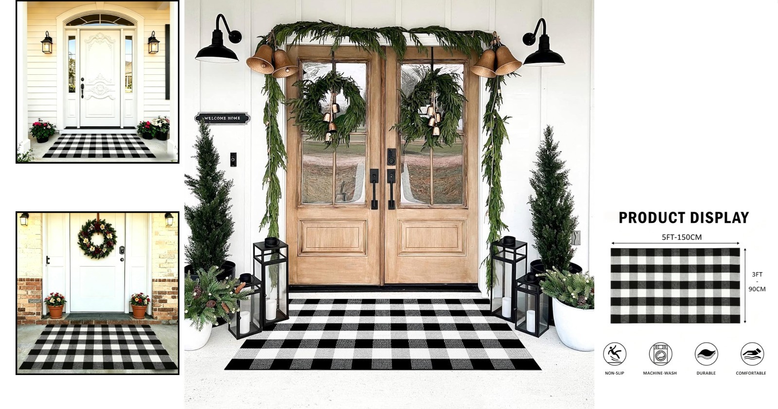 Outdoor Buffalo Plaid Rug 3×5 Black and White Layering Doormat for Porch and …