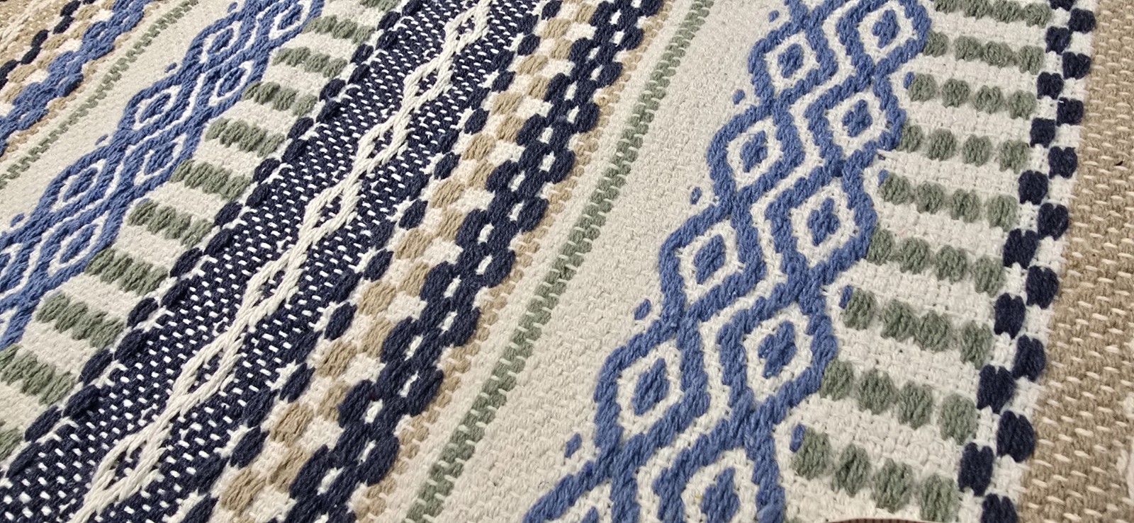 2 NEW True Living Woven Scatter Rug Blue/ Green/ Off White – about 18 ”x28”