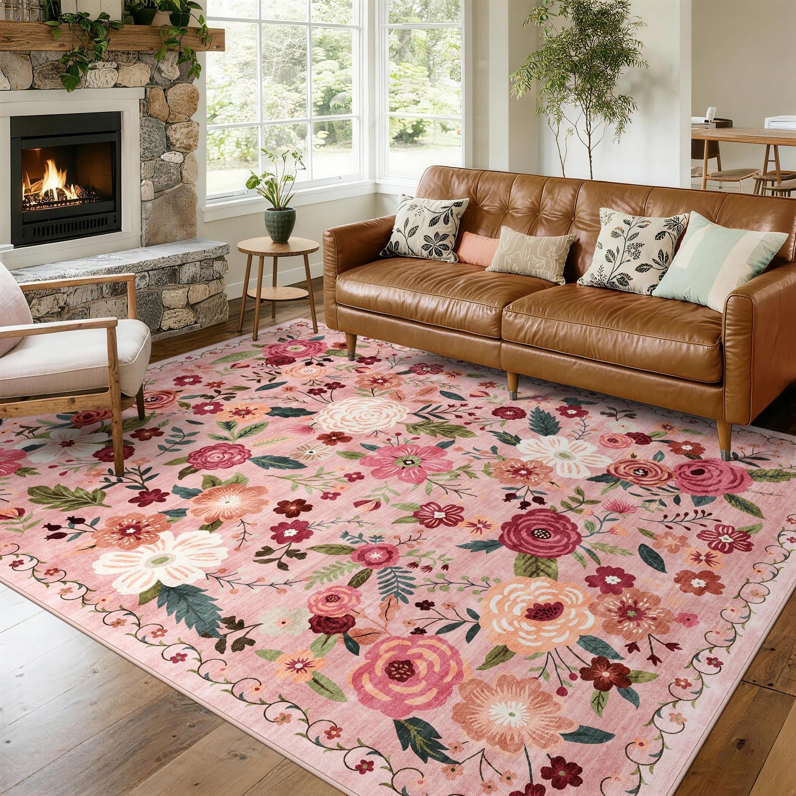 8×10 Washable Area Rug for Living Room, 8′ x 10′ (Rectangular), Dark Pink