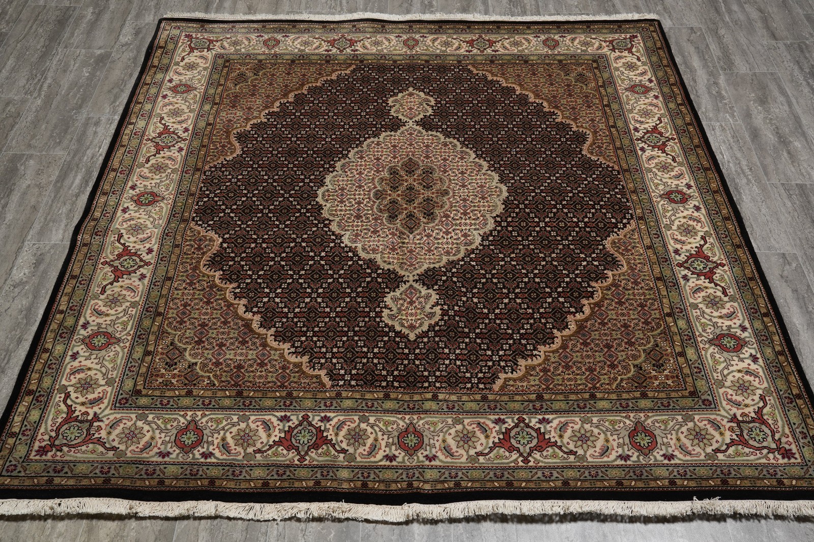 6.5 x 6.8 SQUARE Hand-Knotted Wool and Silk Mahii Tabriiz Rug #F-3064