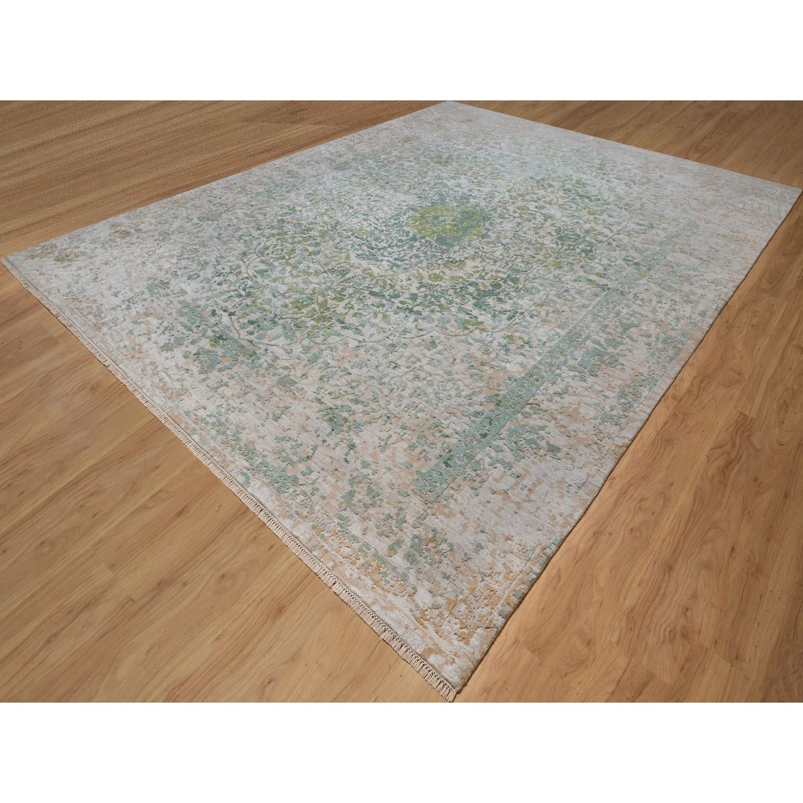 11’10″x15’1″ Green Erased Medallion Design Hand Knotted Wool & Silk XL Rug 92462