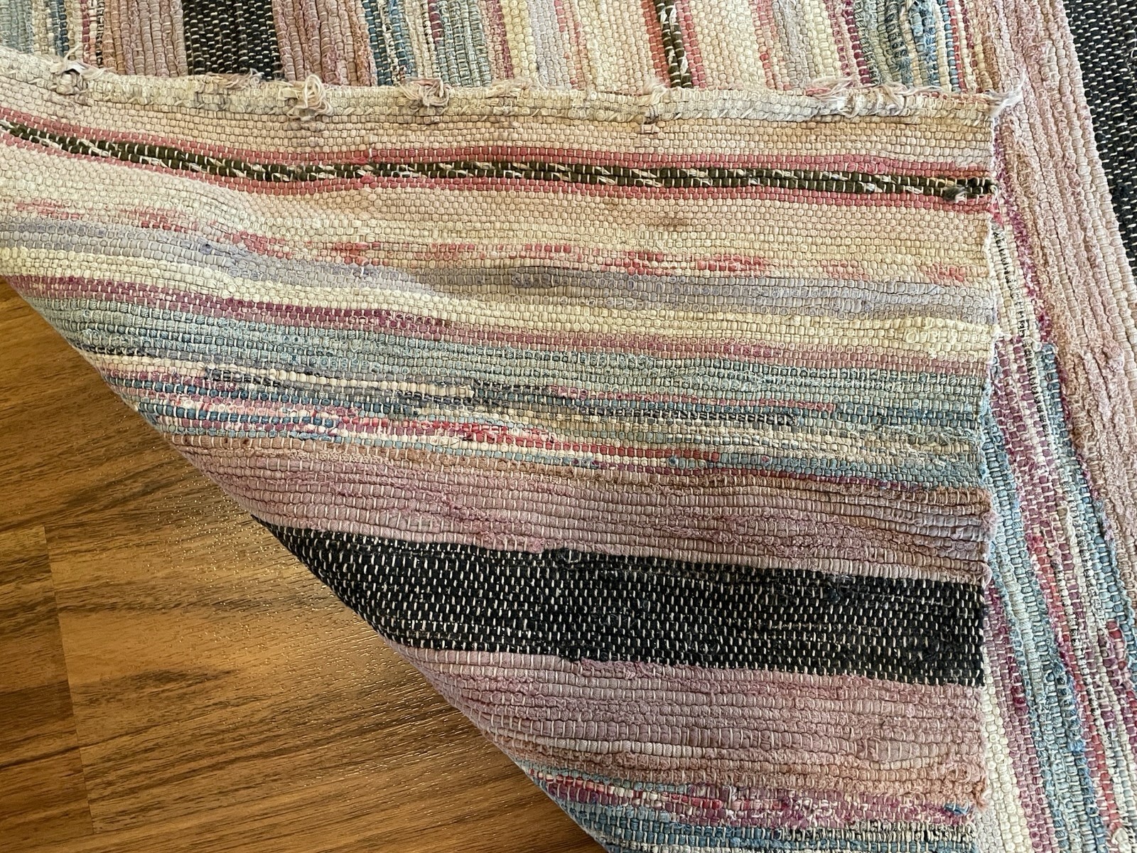 VTG Handmade Woven MCM Rag Rug 80×34 Farmhouse Country Blue Red Black Brown
