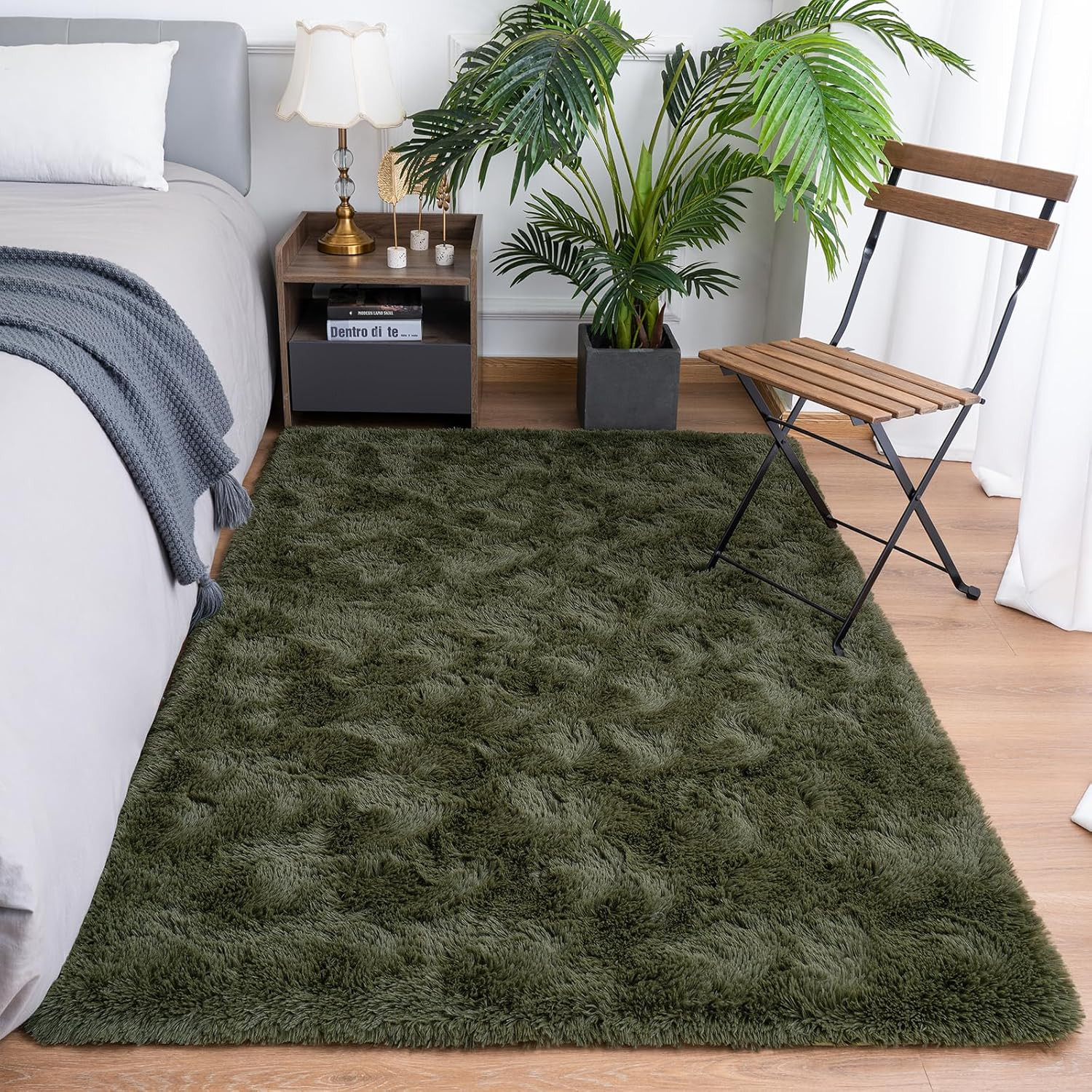 Luxurious Olive Green Fluffy 6×9 Rug for Cozy Bedroom & Living Room Decor