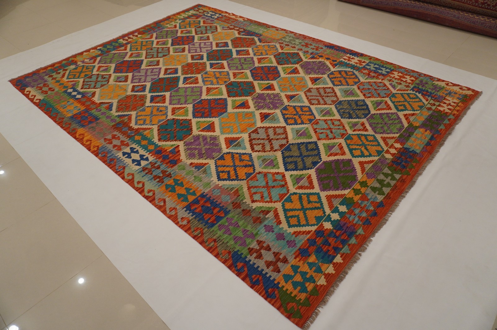 8×11 ft Beige Afghan Handmade Geometric Wool Kilim Area Rug (8’4″x11’5″)