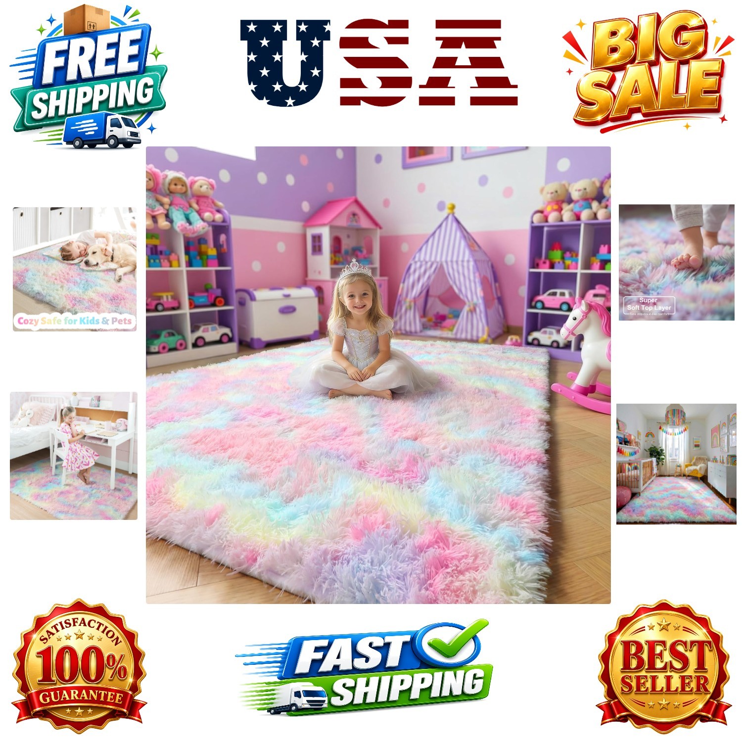 Rainbow Pastel Kids Rugs for Toddler Girls Bedroom, Cute Unicorn Room Decor, …