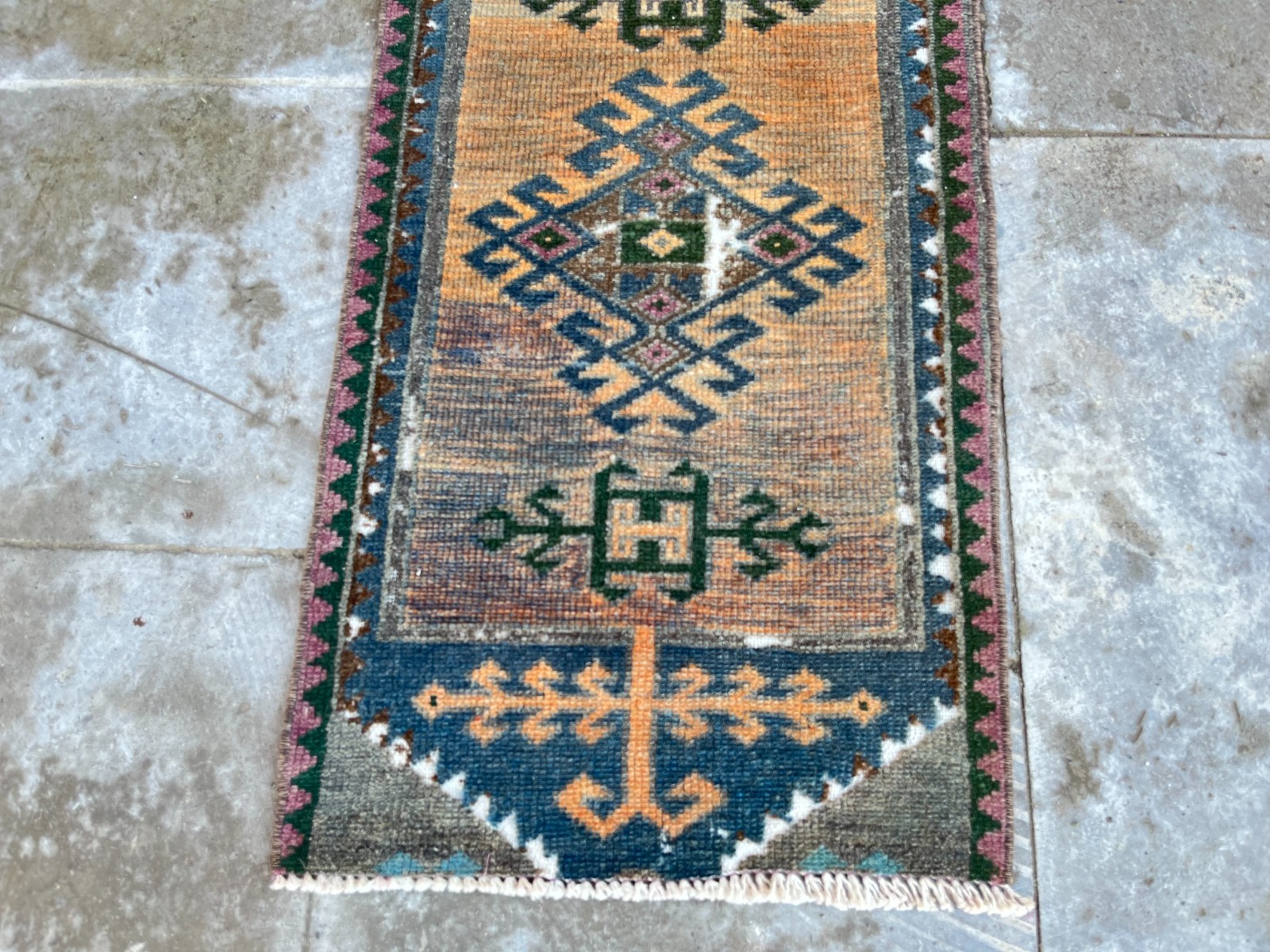 Vintage Turkish Small Rug 1.3×2.6 ft Anatolian Tribal Wool Distressed Mat