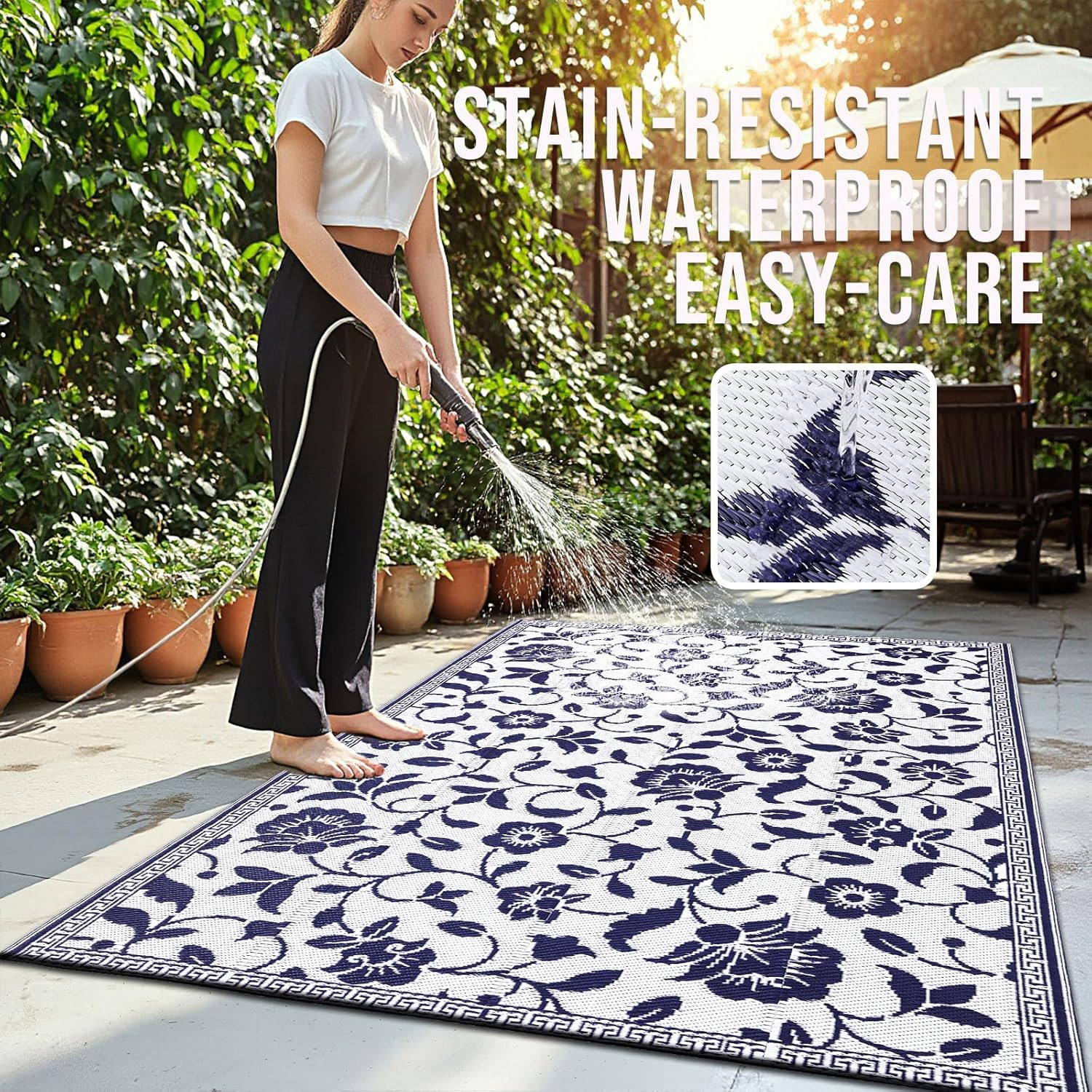 OLANLY Waterproof Outdoor Rug 5X8 Ft, Outdoor Plastic Straw Rug with Flower Patt
