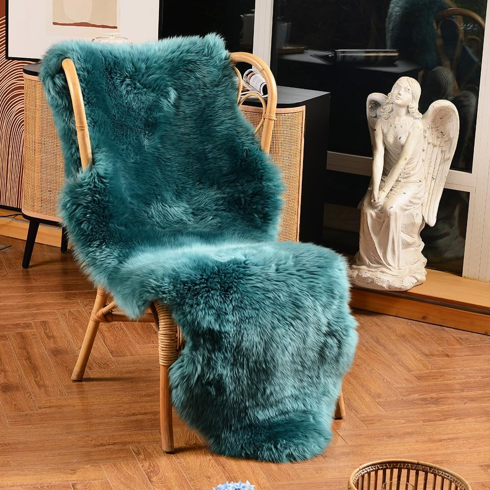 Peacock Blue Genuine Sheepskin Rug 2×6 Ft Fluffy Fur Carpet for Living Room